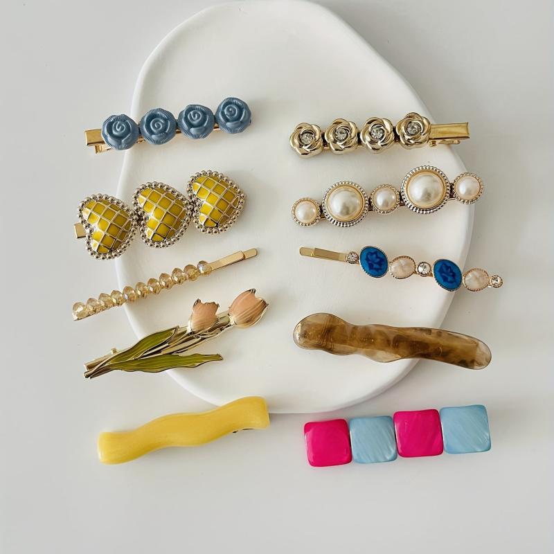 Set of 10 Pearl Crystal Beaded Hair Clips for Women Girls