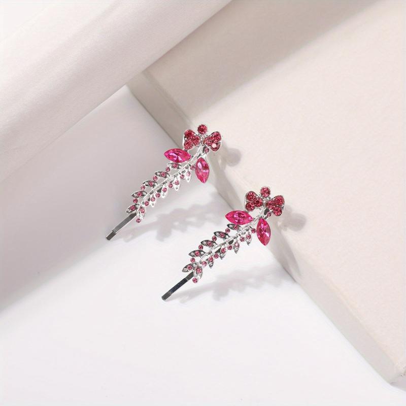 2pcs Red Rhinestone Glitter Flower Hair Pin Alloy Hair Clip
