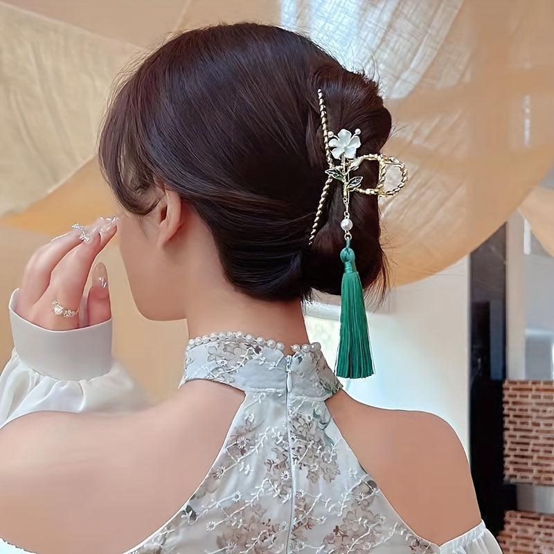 Chinese Style Flower Hair Claw With Tassel Ponytail Holder Hair Accessories