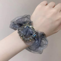 Large Rhinestone Decor Organza Scrunchies Hair Tie