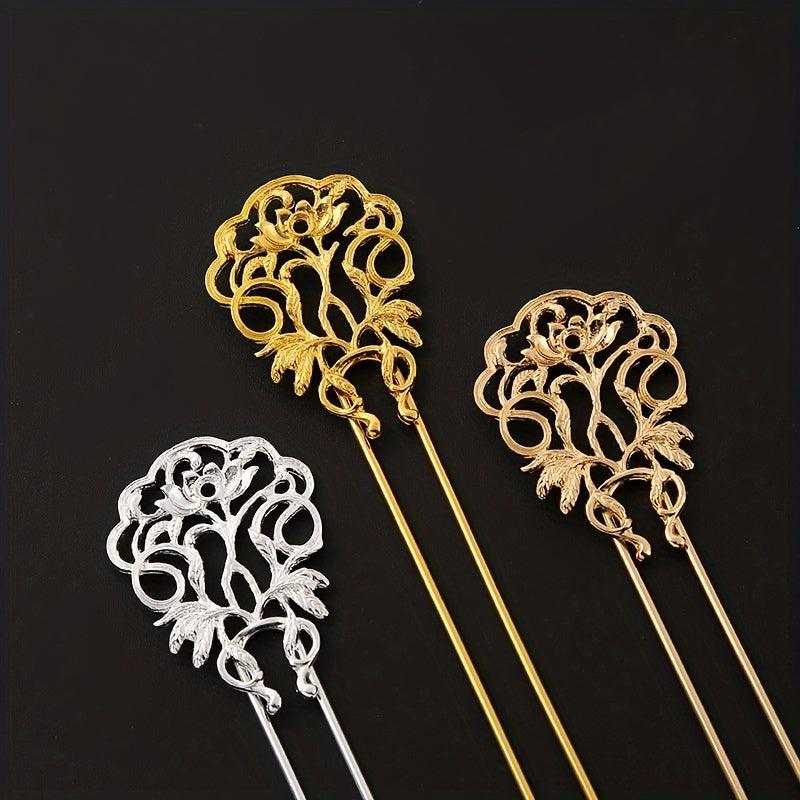Retro Flower Hair Pin U Shaped Hair Stick Metal Hair Bun Maker