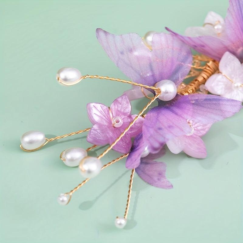 Ancient Style Butterfly Hairpin Crystal Tassel Faux Pearl Headdress