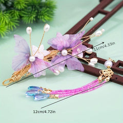 Ancient Style Butterfly Hairpin Crystal Tassel Faux Pearl Headdress