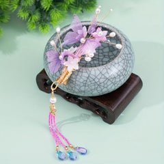 Ancient Style Butterfly Hairpin Crystal Tassel Faux Pearl Headdress