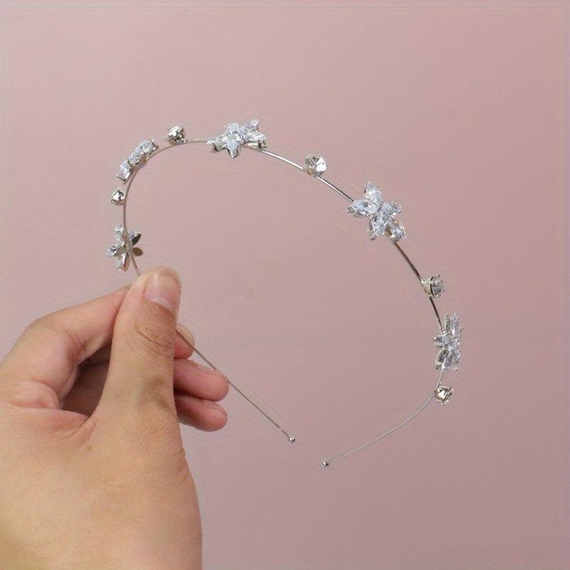 Rhinestone Flower Decor Headband Skinny Head Hoop Metal Headdress