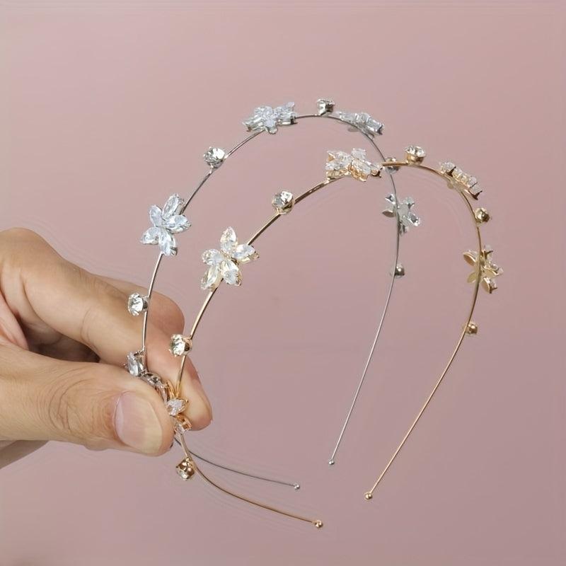 Rhinestone Flower Decor Headband Skinny Head Hoop Metal Headdress