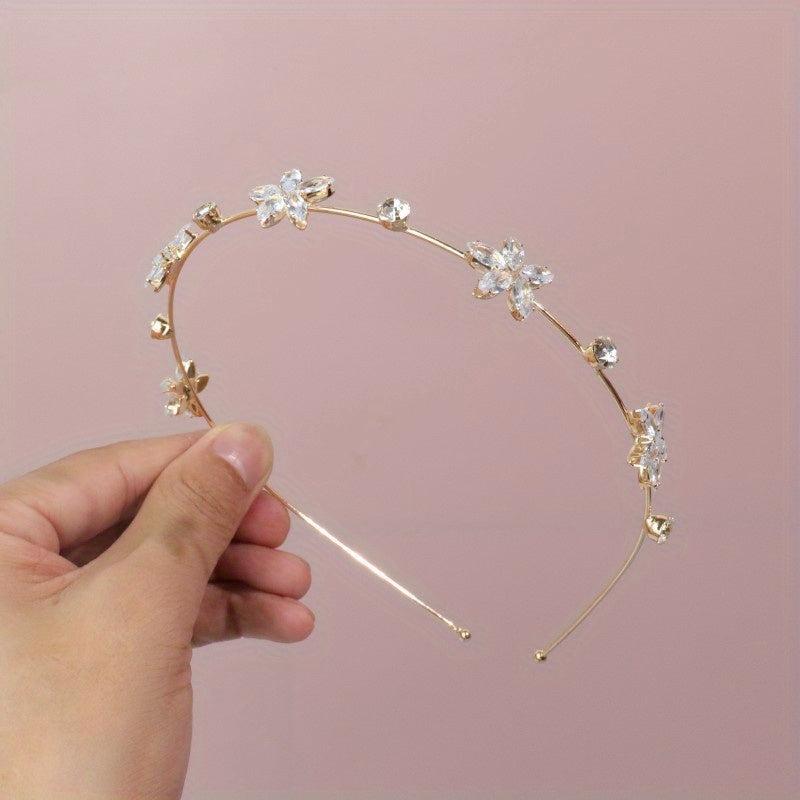 Rhinestone Flower Decor Headband Skinny Head Hoop Metal Headdress