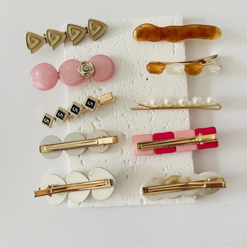 10pcs Faux Pearl Resin Round Decor Hair Clip Flower Duck Bill Clip