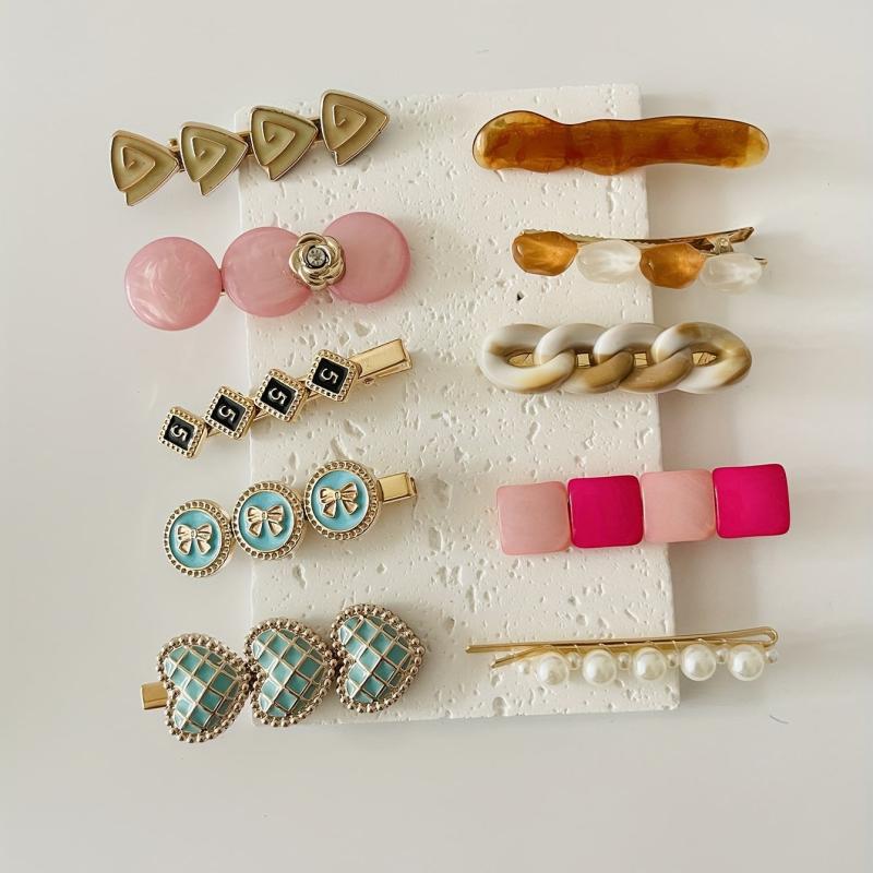 10pcs Faux Pearl Resin Round Decor Hair Clip Flower Duck Bill Clip