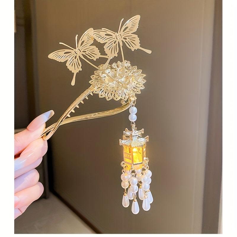 Chinese Style Hairpin With Luminous Lantern Faux Pearl Tassel