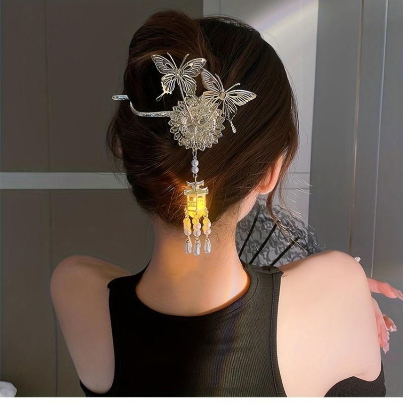 Chinese Style Hairpin With Luminous Lantern Faux Pearl Tassel