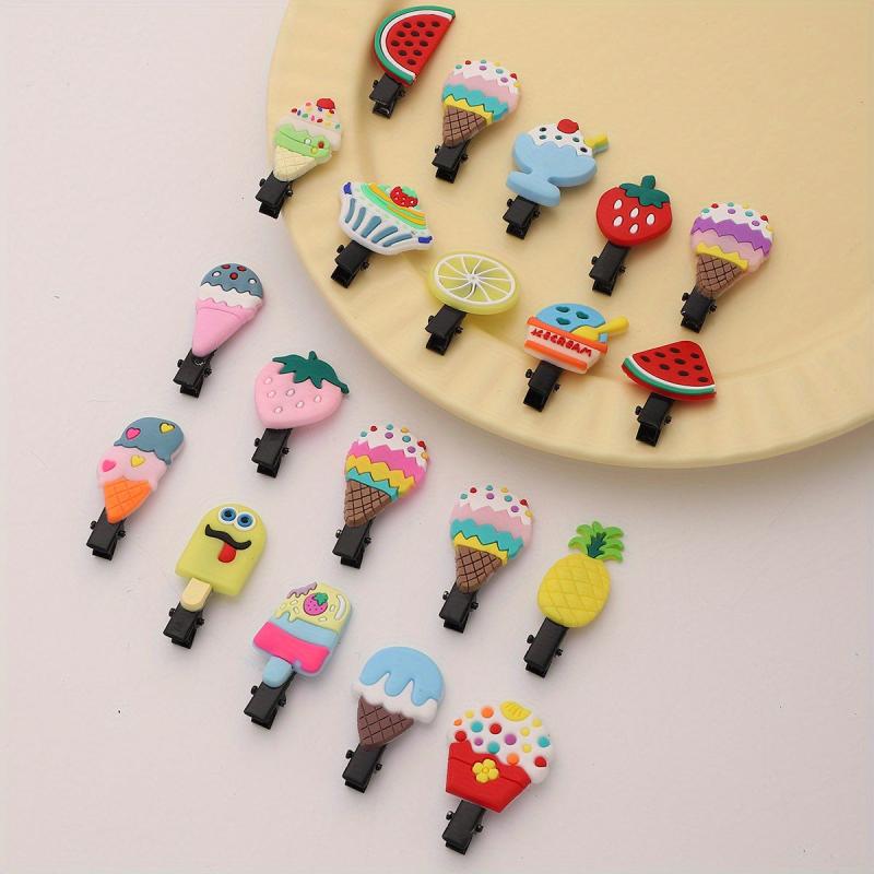 20pcs Baby Girls Hair Clip Cartoon Fruit Ice Cream Duck Billed Clip