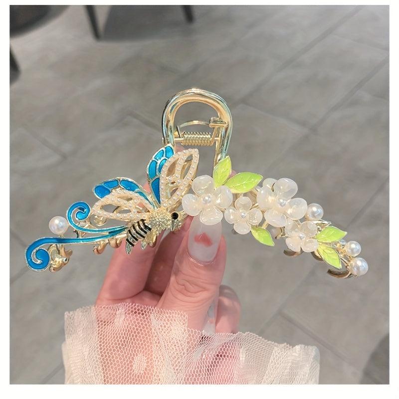 Bee Shape Flower Hair Claw Faux Pearl Insect Series Shark Claw Ponytail Holder
