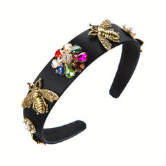 Baroque Rhinestone Flower Headband Metal Bee Decor Head Hoop Wide Headdress