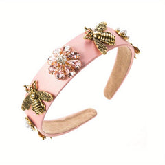 Baroque Rhinestone Flower Headband Metal Bee Decor Head Hoop Wide Headdress