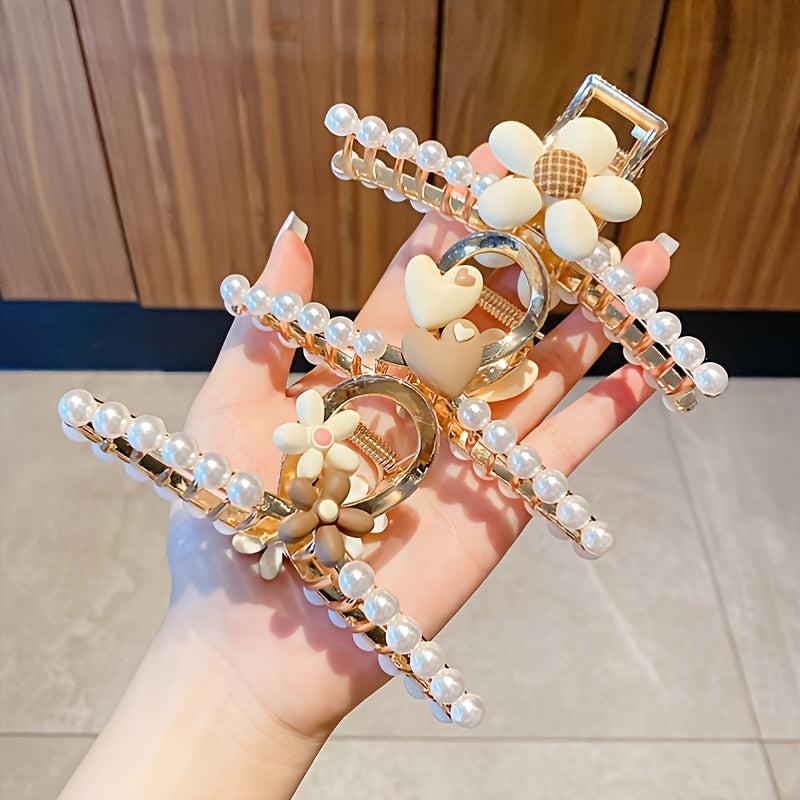 Pearl Heart Flower Metal Hair Grab Clear Hair Claws Hair Claw