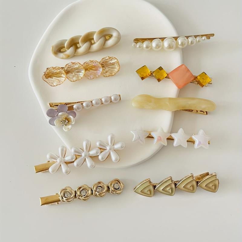 10pcs Women Hair Clip Faux Pearl Resin Decor Clip Duck Billed Clip