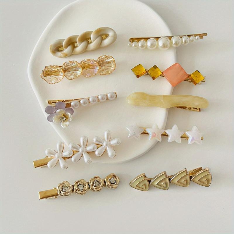 10pcs Women Hair Clip Faux Pearl Resin Decor Clip Duck Billed Clip