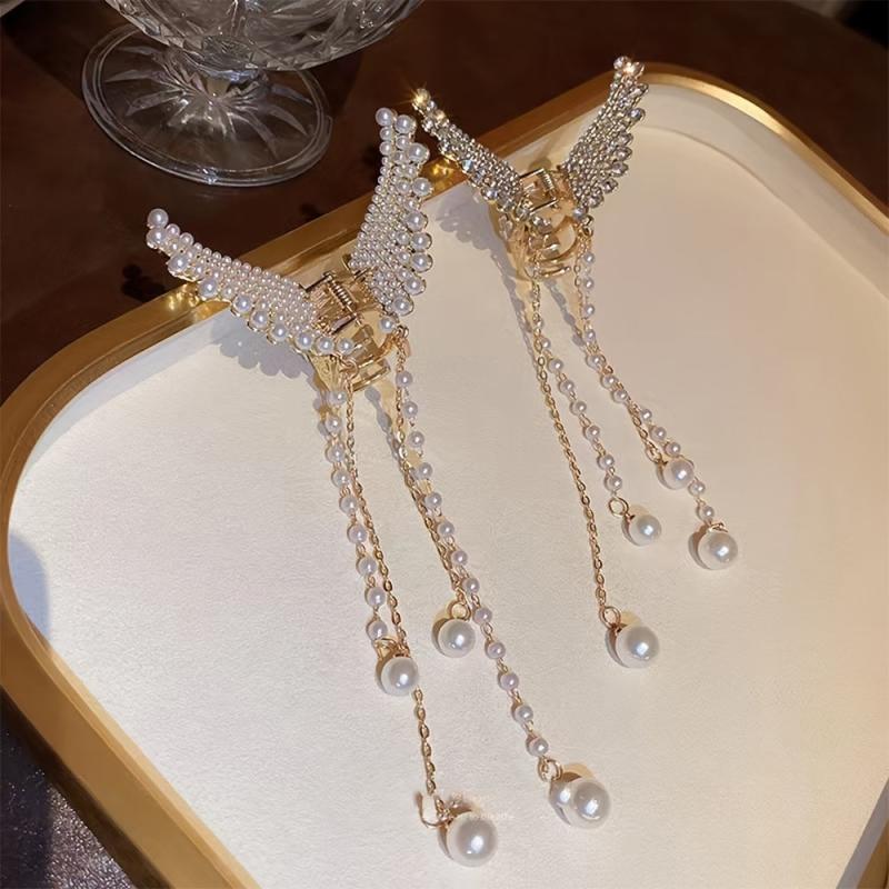 Rhinestone Faux Pearl Tassel Hair Claw Clip