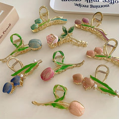 Metal Flower Hair Claw with Faux Pearl