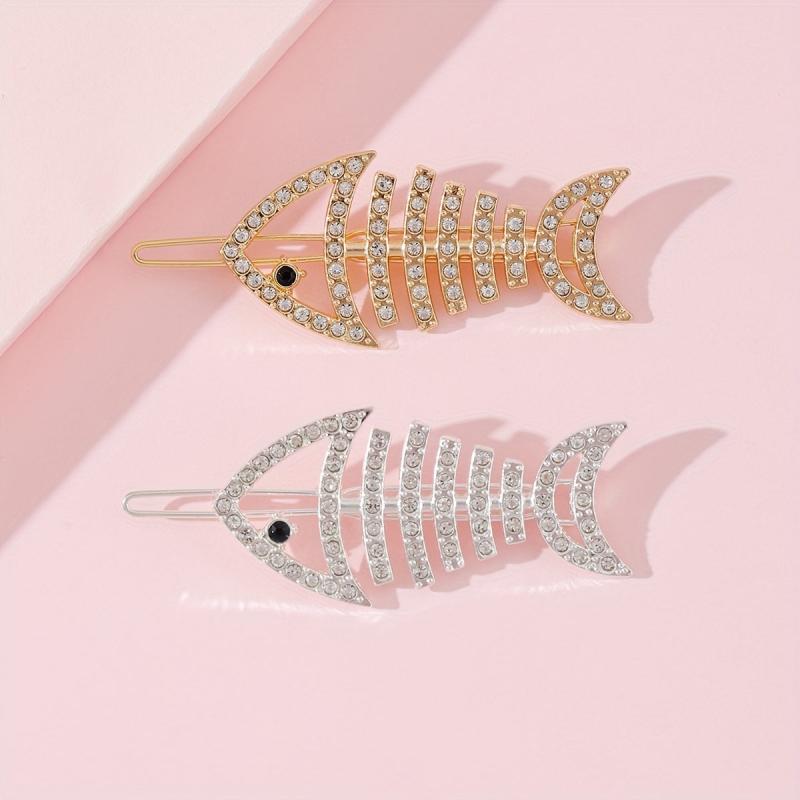 2pcs Rhinestone Fish Bone Hair Clip Alloy Hair Clip For Side Hair