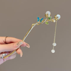 Colorful Butterfly Hair Stick with Faux Pearl Tassel
