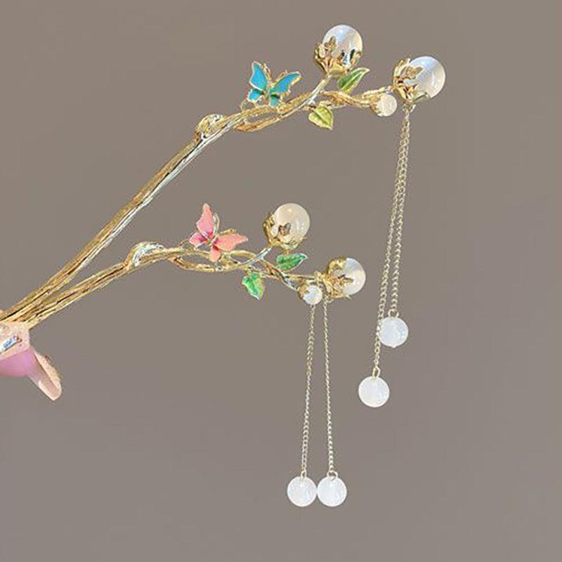 Colorful Butterfly Hair Stick with Faux Pearl Tassel