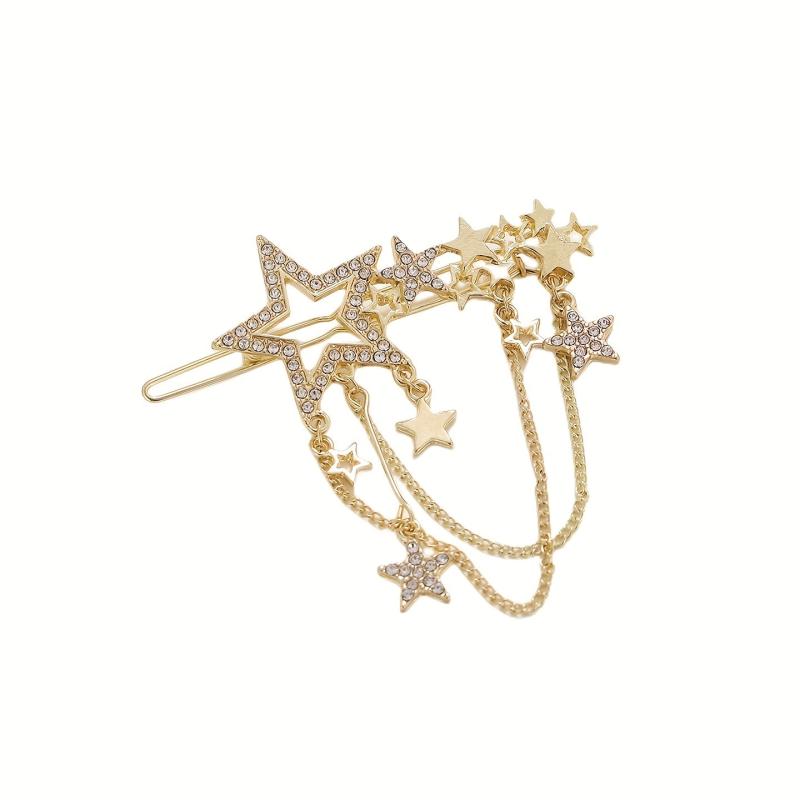 Star Shape Rhinestone Hair Clip with Tassel Chain, Women Hair Accessory
