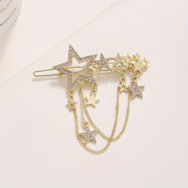 Star Shape Rhinestone Hair Clip with Tassel Chain, Women Hair Accessory