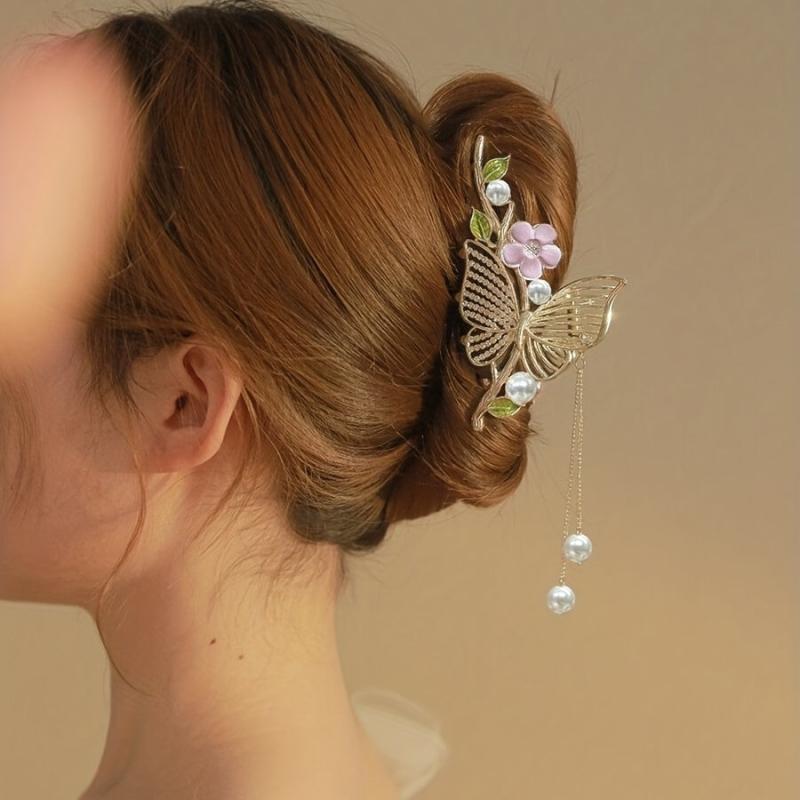 Butterfly Hair Claw with Faux Pearl Tassel Ponytail Holder