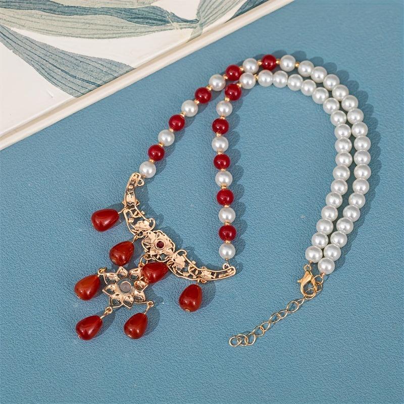 Vintage Faux Pearl Necklace with Red Agate Pendant Cheongsam Accessories