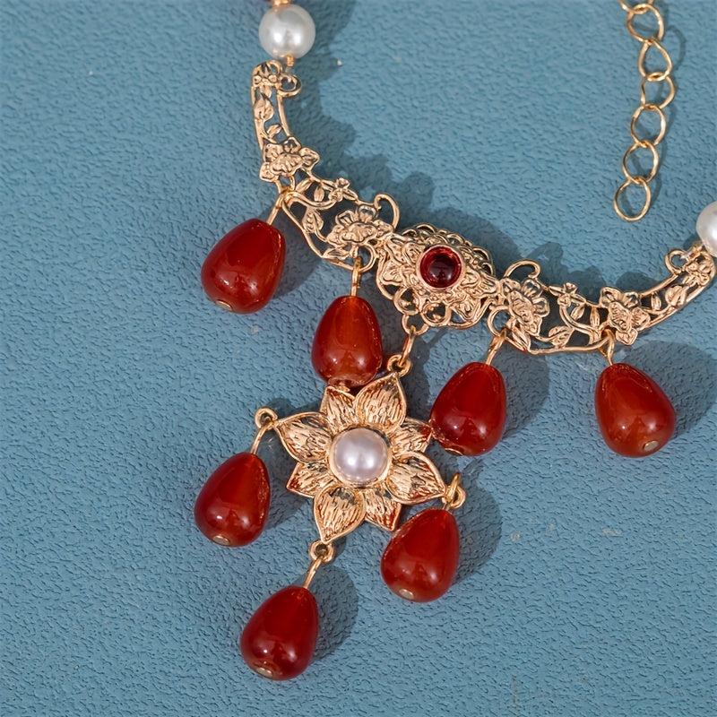 Vintage Faux Pearl Necklace with Red Agate Pendant Cheongsam Accessories