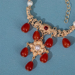 Vintage Faux Pearl Necklace with Red Agate Pendant Cheongsam Accessories