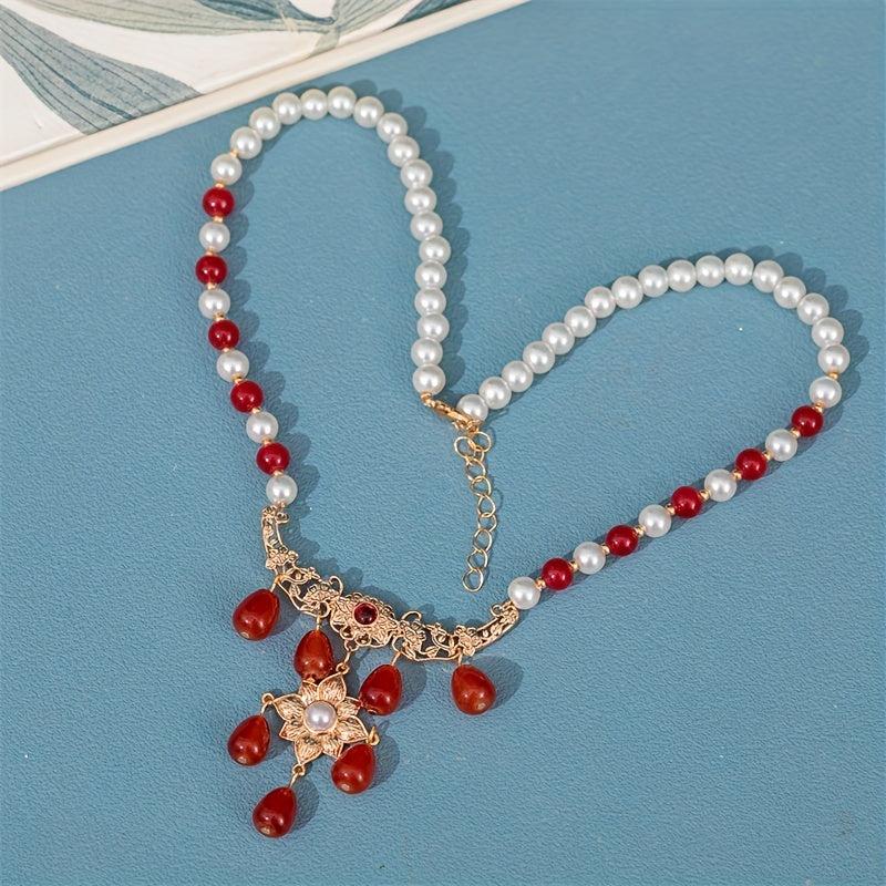Vintage Faux Pearl Necklace with Red Agate Pendant Cheongsam Accessories