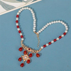 Vintage Faux Pearl Necklace with Red Agate Pendant Cheongsam Accessories