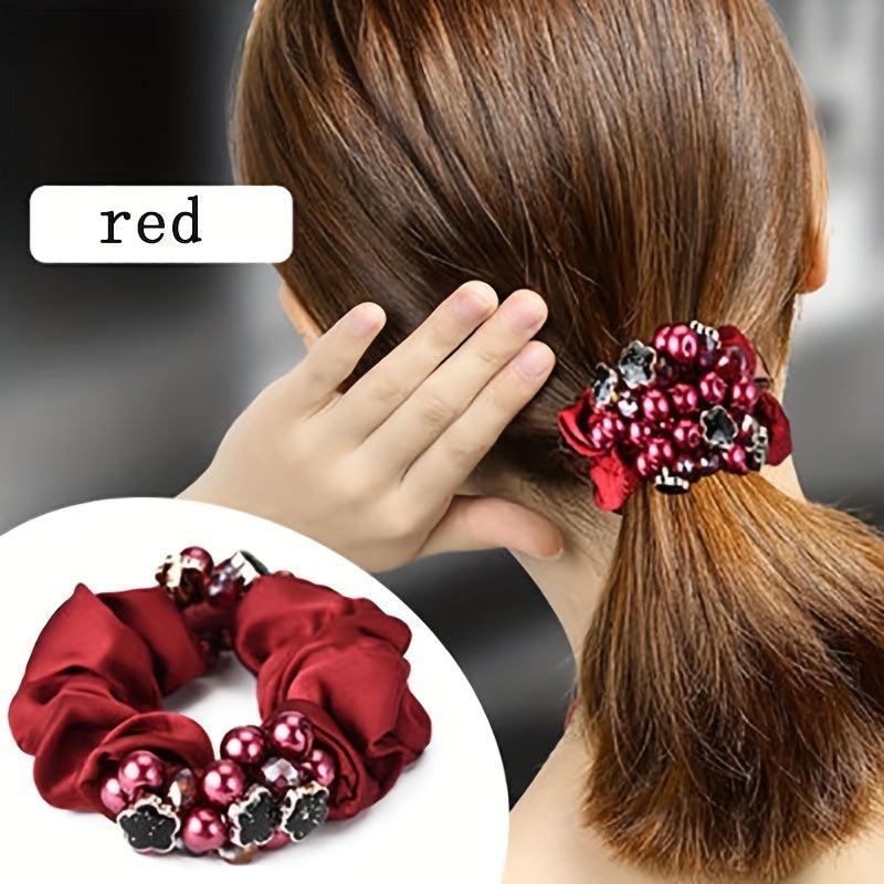 Red Flower Beaded Silky Scrunchies Hair Tie Faux Pearl Hair Rope Satin Hair Ring
