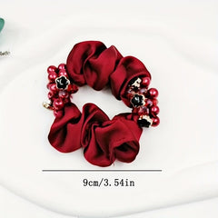 Red Flower Beaded Silky Scrunchies Hair Tie Faux Pearl Hair Rope Satin Hair Ring