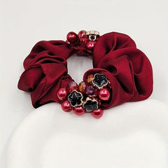 Red Flower Beaded Silky Scrunchies Hair Tie Faux Pearl Hair Rope Satin Hair Ring