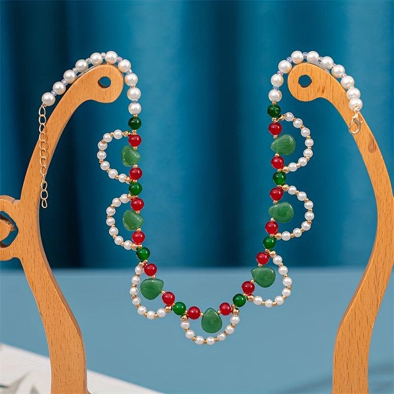 Faux Pearl Beaded Necklace Faux Jade Chinese Style Decoration