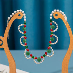 Faux Pearl Beaded Necklace Faux Jade Chinese Style Decoration