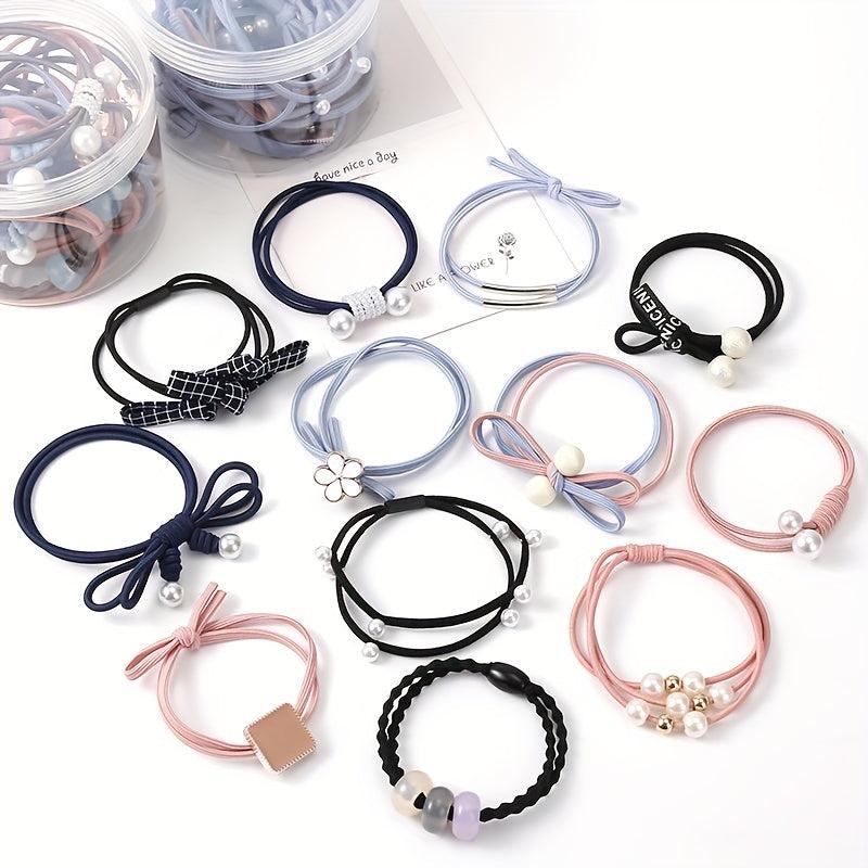 12 Pcs Girls Hair Tie Flower Faux Pearl Colorful Elastic Scrunchie Ponytail