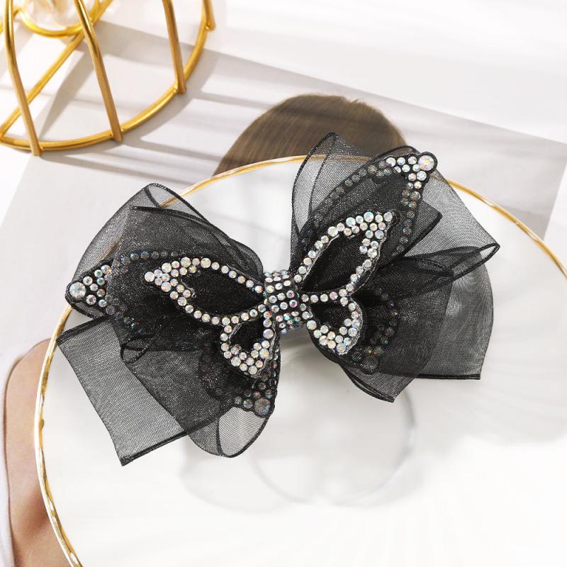 Colorful Rhinestone Hair Clips Butterfly Organza Bow Spring Clip Hairpin Access.