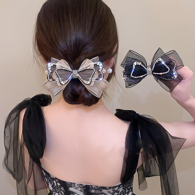 Colorful Rhinestone Hair Clips Butterfly Organza Bow Spring Clip Hairpin Access.