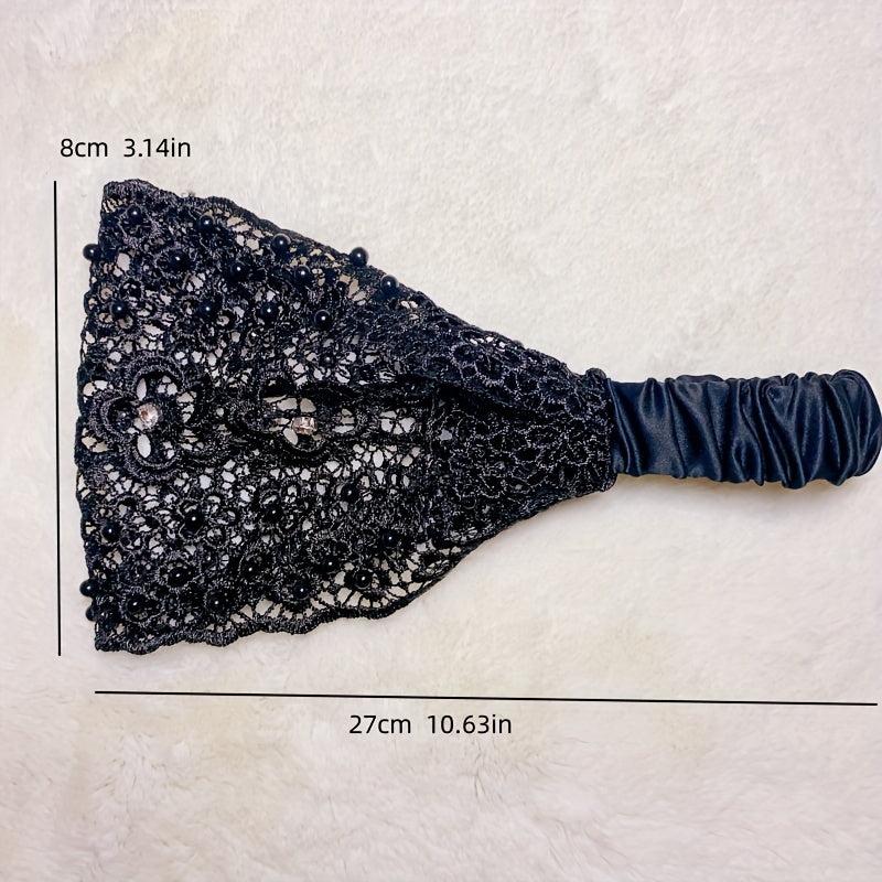Floral Lace Hair Band Retro Wide Mesh Headdress Headwear Rhinestone Decor