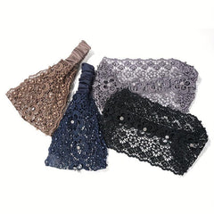 Floral Lace Hair Band Retro Wide Mesh Headdress Headwear Rhinestone Decor