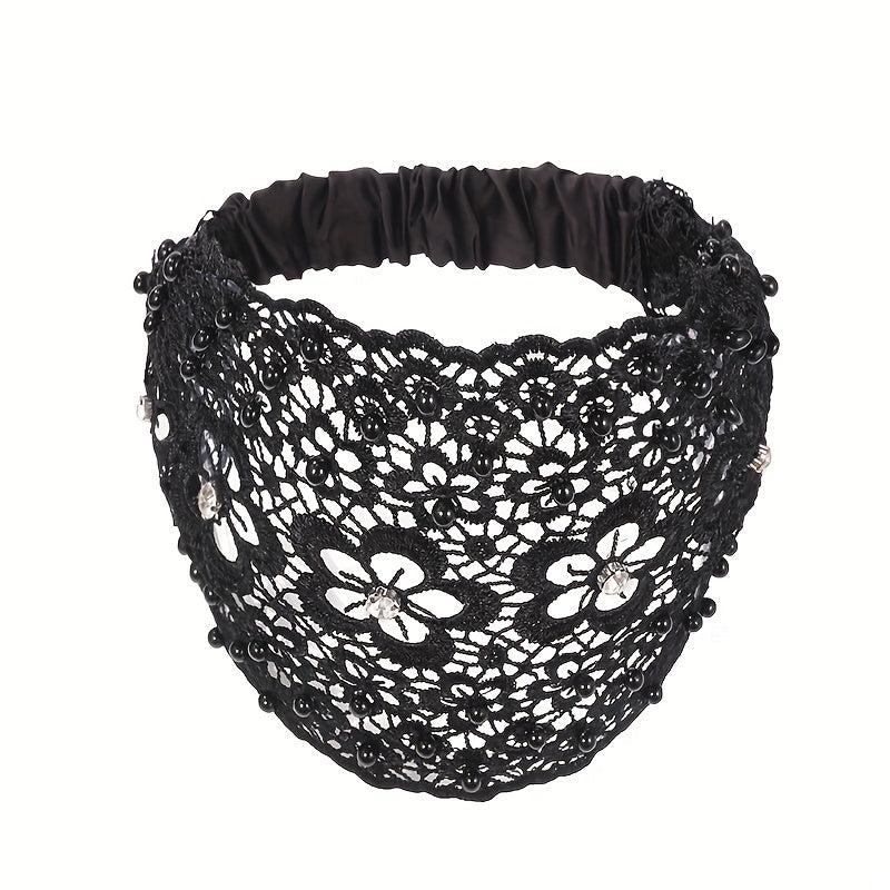 Floral Lace Hair Band Retro Wide Mesh Headdress Headwear Rhinestone Decor