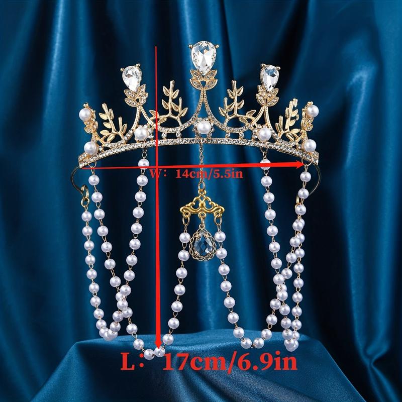 Pearl Crystal Headband Tiara Crown With Tassel Dress Up Hair Accessory