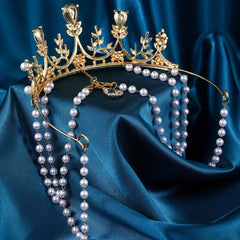 Pearl Crystal Headband Tiara Crown With Tassel Dress Up Hair Accessory