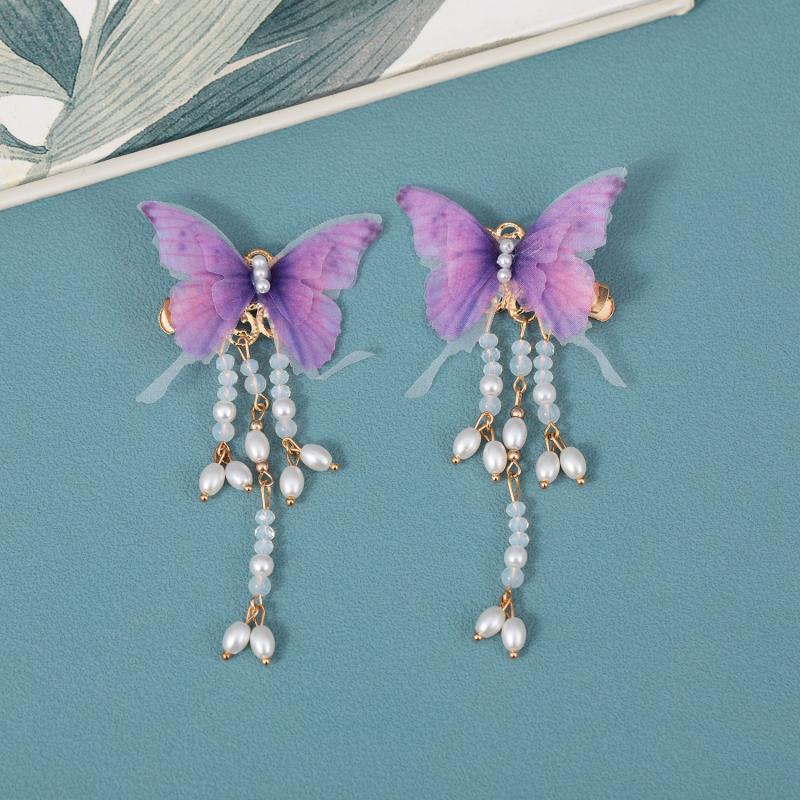 Butterfly Antique Tassel Hair Clip Colorful Tulle Beaded Hairclip