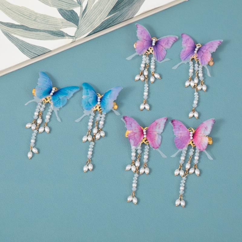 Butterfly Antique Tassel Hair Clip Colorful Tulle Beaded Hairclip